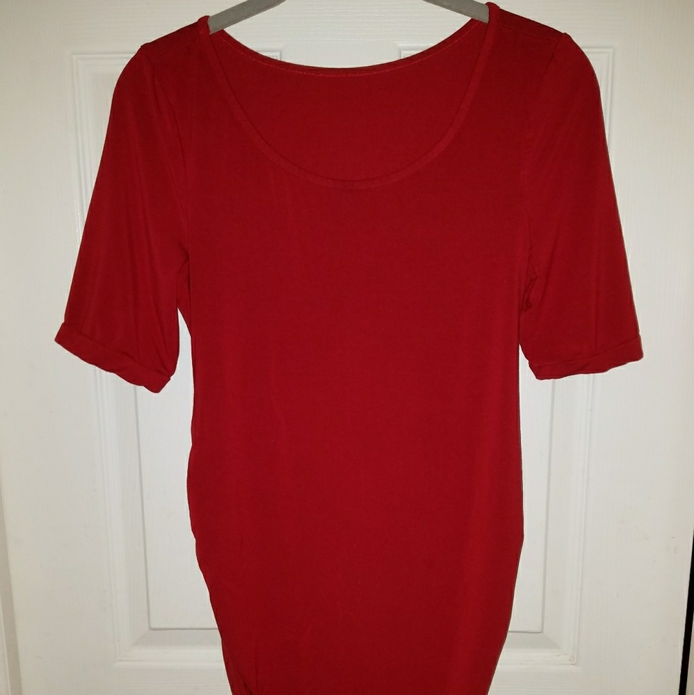 Wine colored scoop neck maternity midi dress